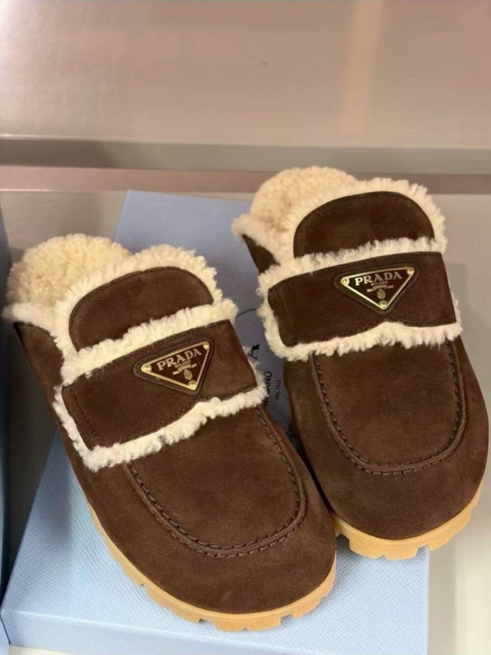 Prada Dark Brown Suede Shearling Lug Sole Mules